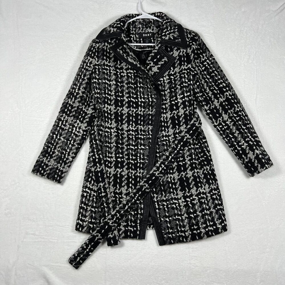 DKNY Womens Tweed Coat w Tags Size S Black White Boucle Faux Leather Trim
